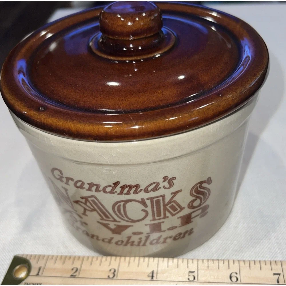 Vintage Stoneware Crock Grandma's Snacks for VIP Grandchildren Cookie Jar